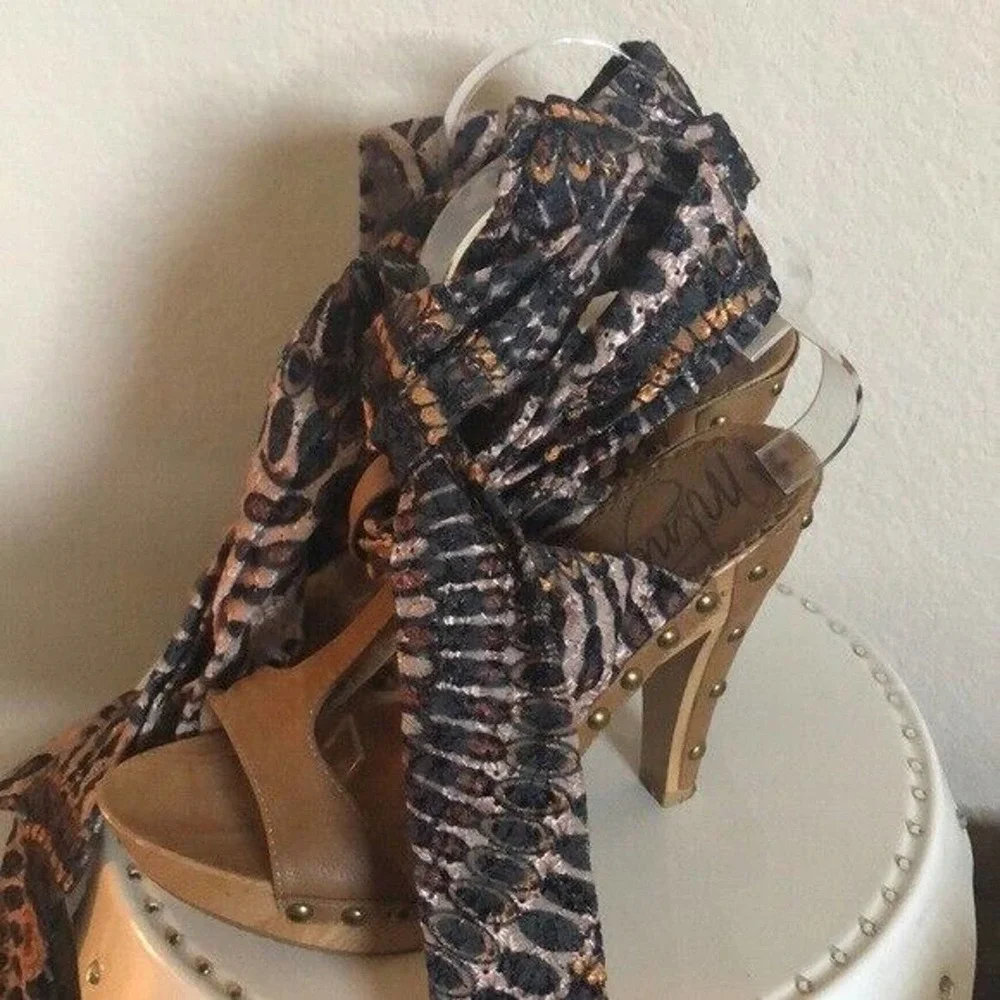 Mtng spectacular wood sandals cloth tie heels 36‎